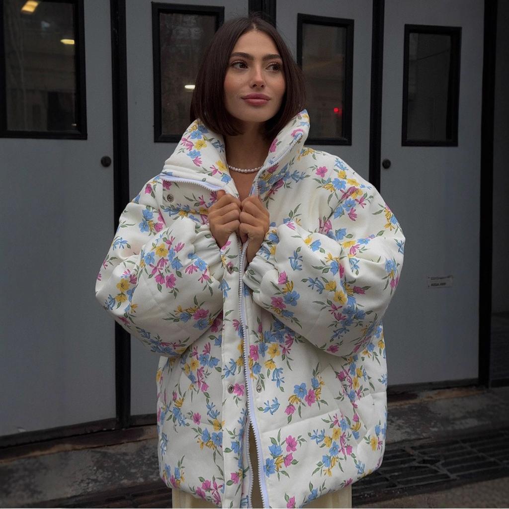 Fall Winter Women's Printed Cotton Padded Jacket, Stand Collar Zip Up Warm Puffer Coat For Outdoor Casual