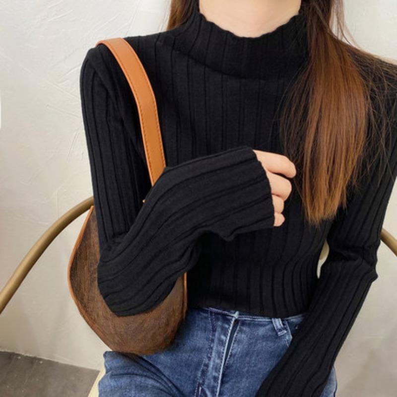 Half High Collar Pullovers Women Knitted Tops Autumn And Winter Long Sleeve Sweater Fashion Slim Fit Clothes 29174