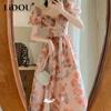 Summer New V-neck Puff Sleeve Maxi Dress Women Chic Floral Printing Youth Sweet Princess Dresses Vintage Elegant Lace Vestidos