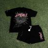 Spider Web English Printed T-Shirt Fashion Street Men's and Women's Casual Sports Short Sleeve Shorts Set Manufacturer Straight