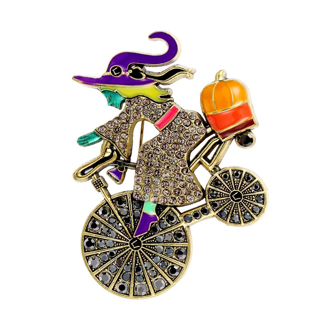 Detailed Witch On Pumpkin Brooch Lightweight Metal Accessory For Fall Fashion Costume