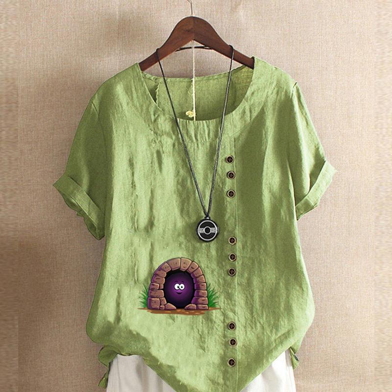 

Женская модная футболка с круглым вырезом и коротким рукавом, повседневная хлопковая льняная рубашка с рисунком, свободная летняя блузка для отдыха, топы 5XL зелёный