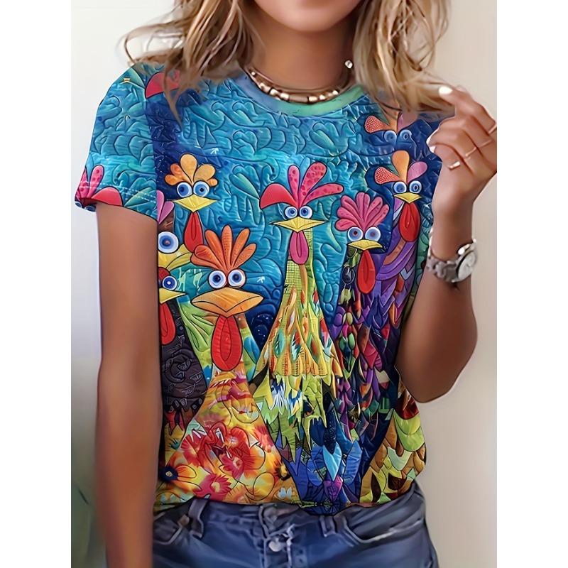 

Vibrant Blue Women s Tee - Colorful Cartoon Rooster Pattern Graphic, Playful Folk Art Bird Design for Casual Daily Wear 5XL