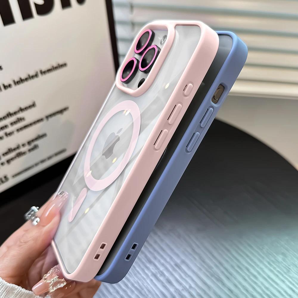 Luxury Magnetic Shockproof Clear Phone Case For iPhone 15 14 13 12 11 Pro Max Plus Mbile Cover Glass Lens Protection Magsafe