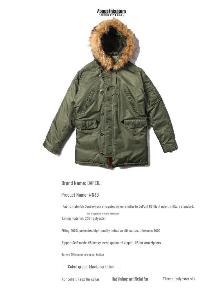 Normanlong Men's N3B Military Style Hooded Cotton Coat – Winter Mid-Length Jacket