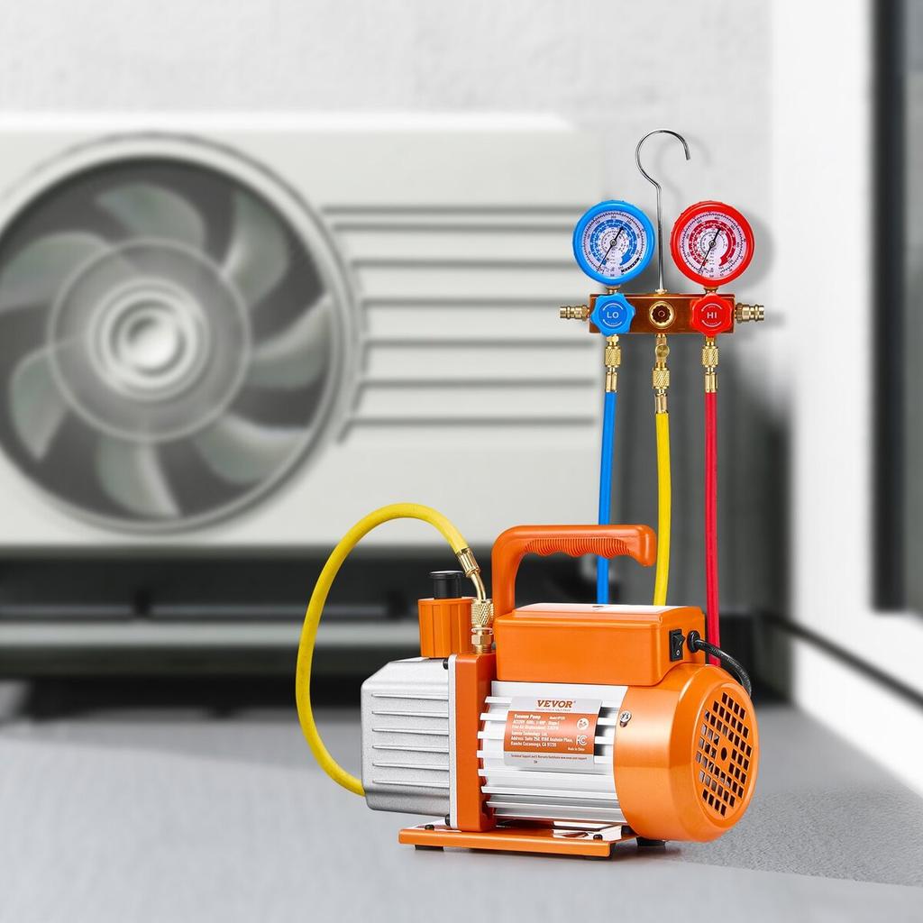 3.5 CFM HVAC Single Stage Rotary Vane Vacuum Pump and Manifold Gauge Kit Compatible with R134a, R22, R12, R502, R502, R410A, R404, and R407C