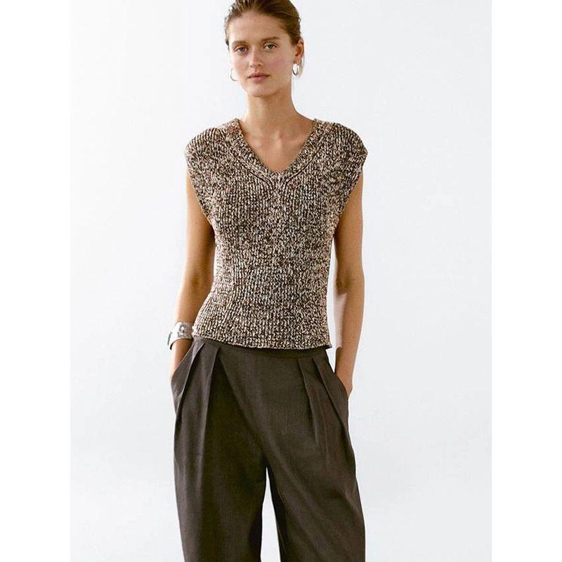 MD Women clothes French style Simple Pure Cotton Two-Color Yarn V-neck Sleeveless Knitted Sleeveless t-shirt Top Tide 05691733700