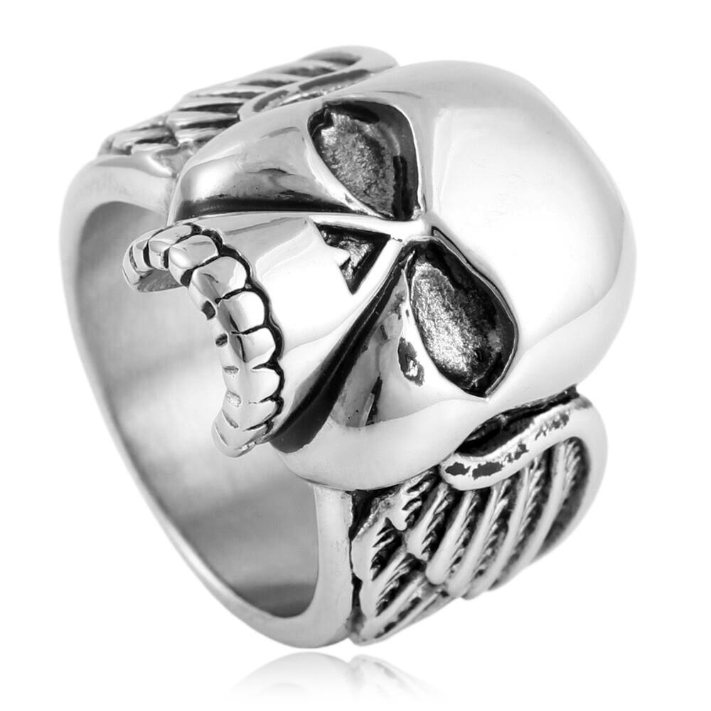 European and American Jewelry Titanium Steel Wings Skull Ring Retro Trendy Men s Punk Stainless Steel Skull Ring 7 серебряный