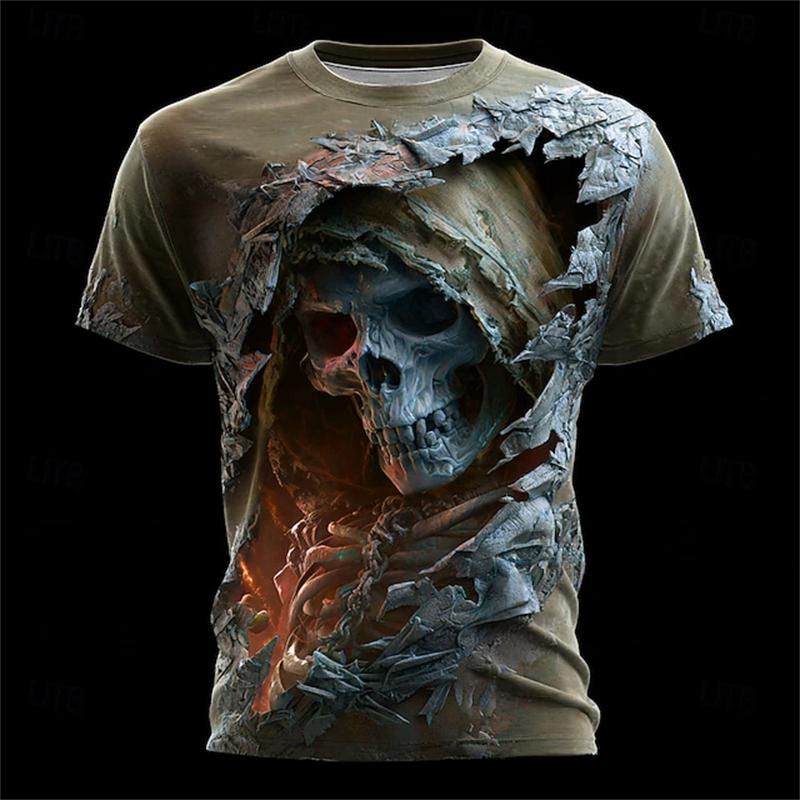 T-shirt da uomo con stampa teschio horror, estate, girocollo, manica corta, alla moda, vestibilità larga, abbigliamento streetwear vintage da uomo