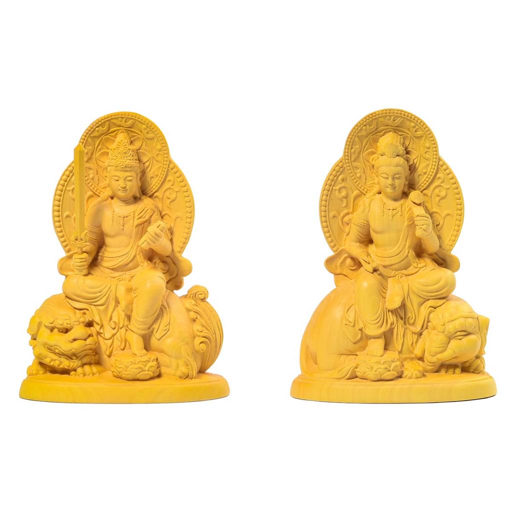 Hanro Art Sculpture Buddha Statue Fugen Bodhisattva Manjushri Bodhisattva Wood Carving Ornament Set of 2 Good Luck Zodiac Amulet Principal Image Feng