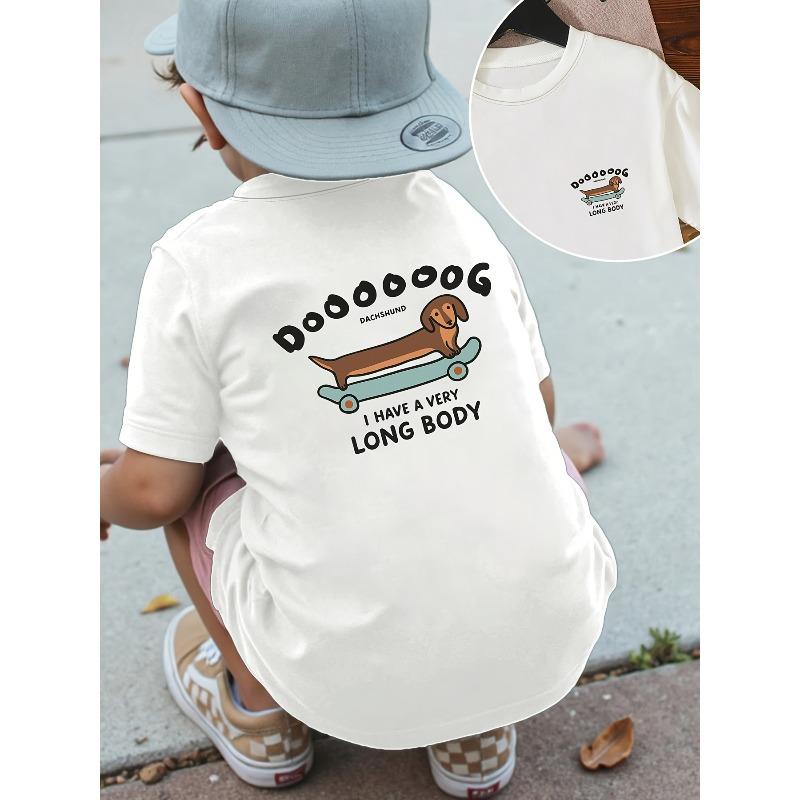 European sizes Boys Fashion Casual Front And Back Print Short Sleeve T-Shirt Skateboard Dachshund Fun Pattern Trendy Versatile Boys Round Neck Top 110 белый