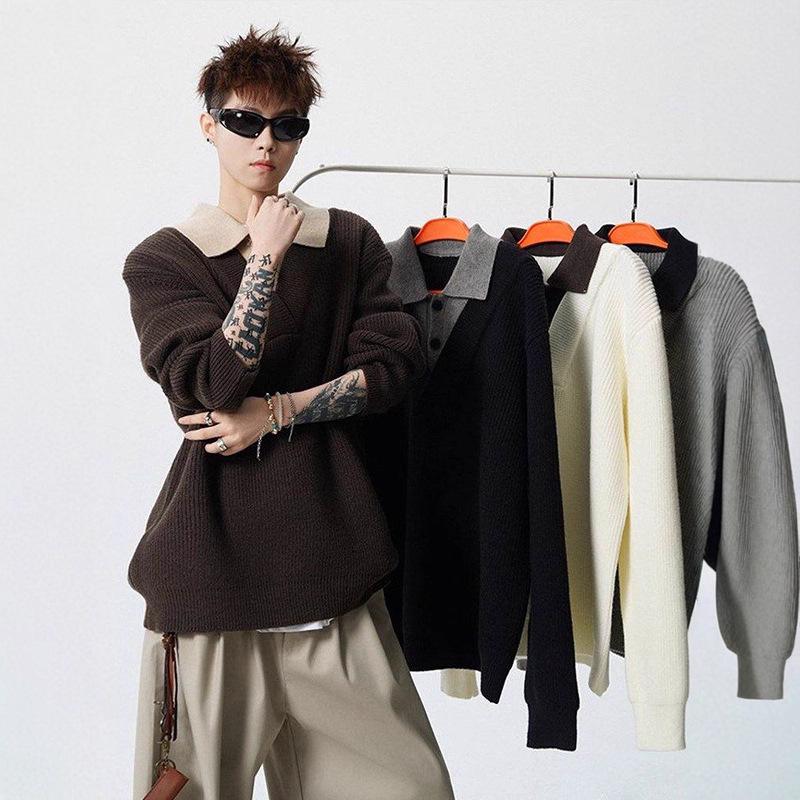 Men's American Retro Faux Two-Piece Polo Collar Sweater - Autumn/Winter Clean Fit Loose Casual Knitwear