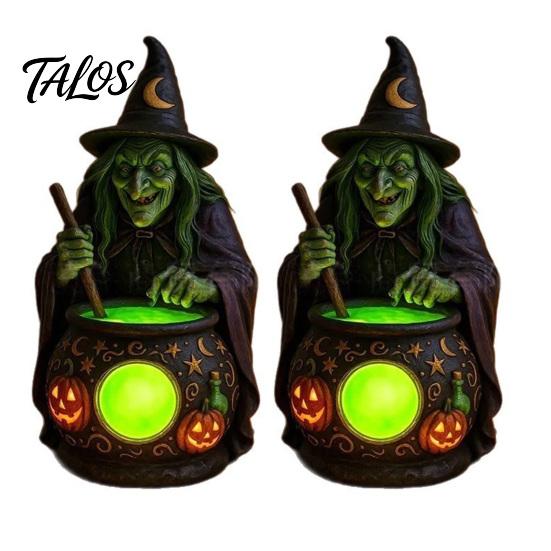 Figuritas Decorativas Detalladas Bruja de Halloween Caldero Lámpara, Adorno de Estatua de Resina, Luz de Mesa Única Espeluznante para Decoración de Escritorio