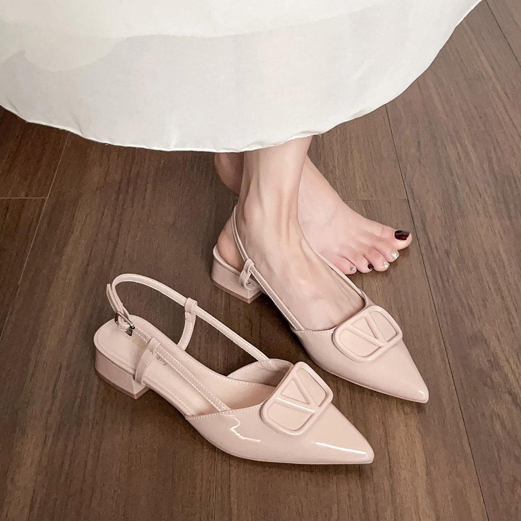 Button-toe Sandals Summer Thick-heeled French-style Pointed-toe Single Shoes