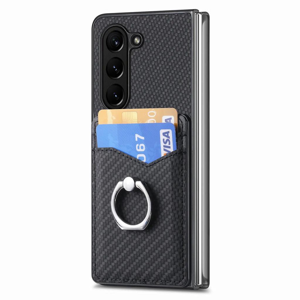 Ring Holder Cards Solt Wallet Case for Samsung Galaxy Z Fold 5 4 3 5G Fold4 Fold5 Kickstand Carbon Fibre Magnetic Bag Slim Cover