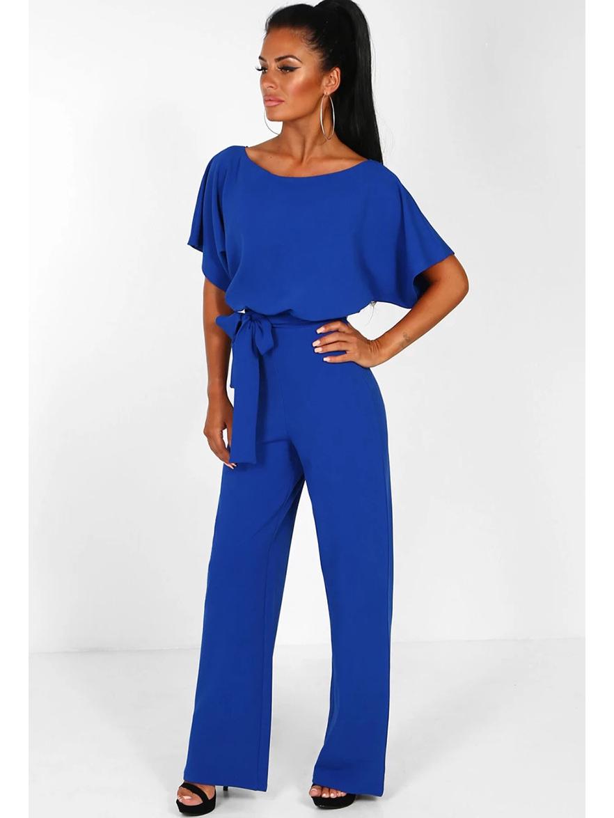 

Women s Summer Button-Tie Short Sleeve Jumpsuit - European and American Style M синій