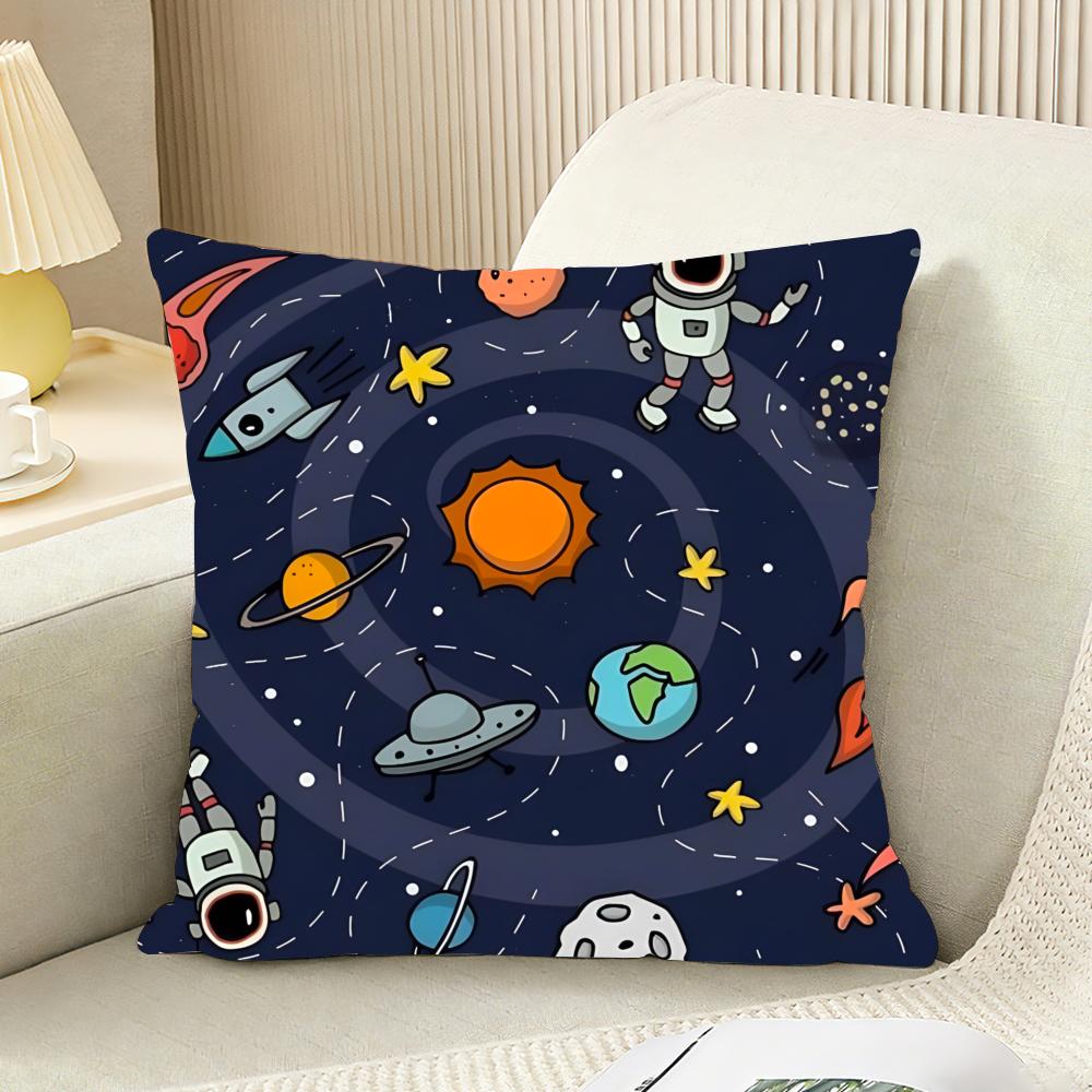 Outer Space Spaceship Astronaut Cushion Cover Reversible Plush Pillow Cover For Car Sofa Bedroom Decorative Gift Pillowcase