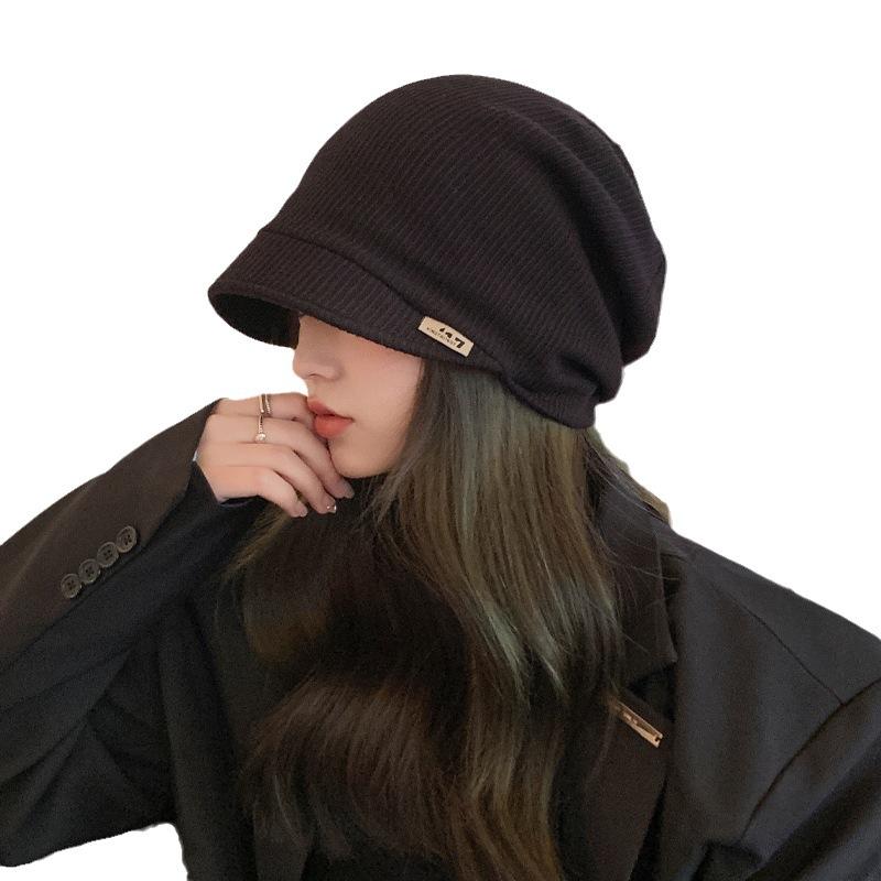 Autumn and Winter Hats Female Alphabet Mark Stacking Hat Big Head Circumference Solid Color Pullover Hat Tide