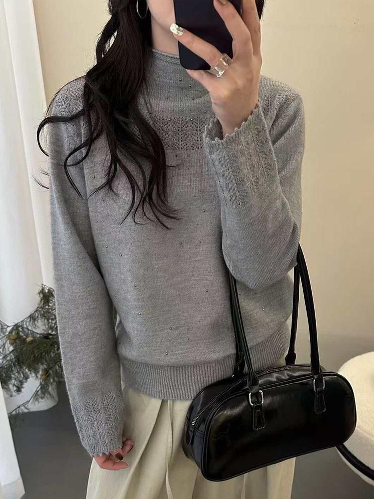 Women's French Rhinestone Half-High Neck Sweater - Stylish Slimming Autumn Winter Knit Top