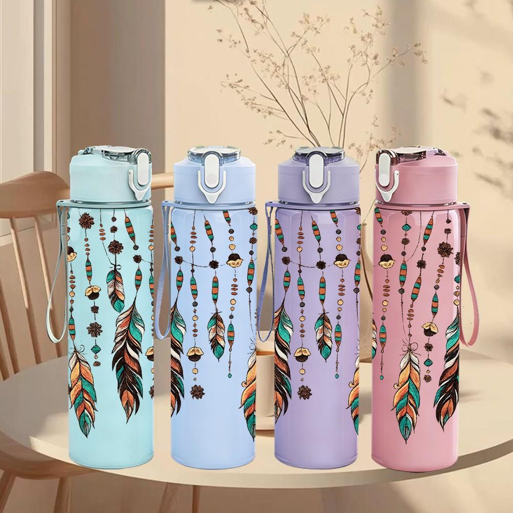 1PC Tribal Feather Bead Boho Decoration Print 750ml Color Plastic Sports Water Bottle Leakproof Flip Straw Lid Suitable for Sports Office Home Use