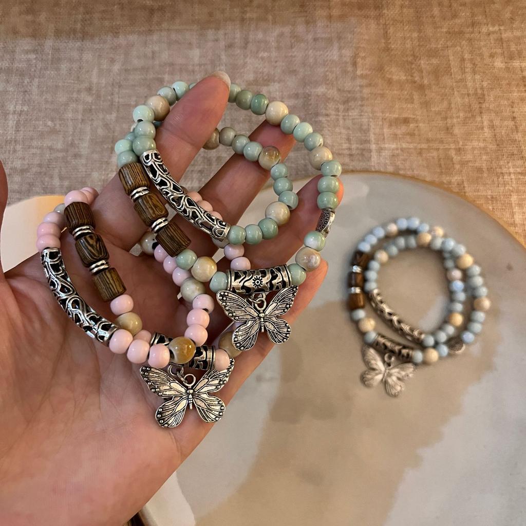 Jingdezhen Ceramic Double Ring Butterfly Beaded Bracelet for Women, Handmade New Chinese Ethnic Bohemian Style Niche Versatile Elegant Wrist Jewelry
