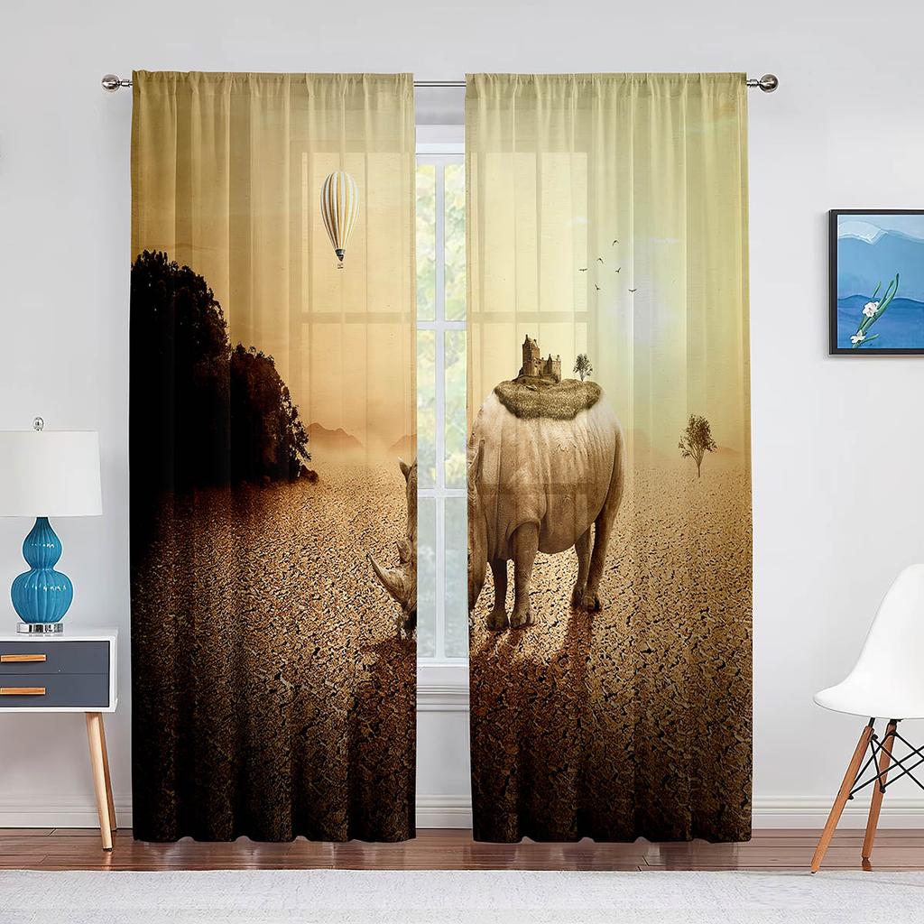 Wildtier Nashorn Grau Schwarz Tüll Vorhänge für Wohnzimmer Schlafzimmer Dekoration Transparent Chiffon Transparent Voile Fenstervorhang