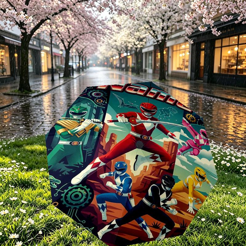 Custom Name Personalized Power Rangers Print Umbrella, Auto Open Close, 8‑Rib Sturdy Frame, Commute Camping Hiking Use, Birthday Gift