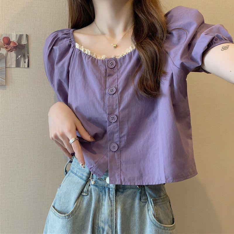 

2026 Chic Purple Slimming Cropped Top with French Square Neck and Puff Sleeves XL (Recommended for 120-130 jin)