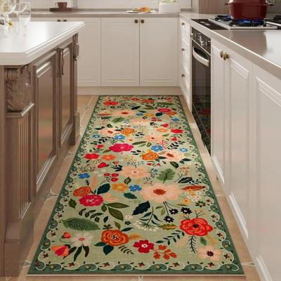 Läuferteppich für Flure Küche Maschinenwaschbare Teppiche mit Gummiunterseite Weiche Blumenteppiche für Küchendekor Teppiche für Schlafzimmer