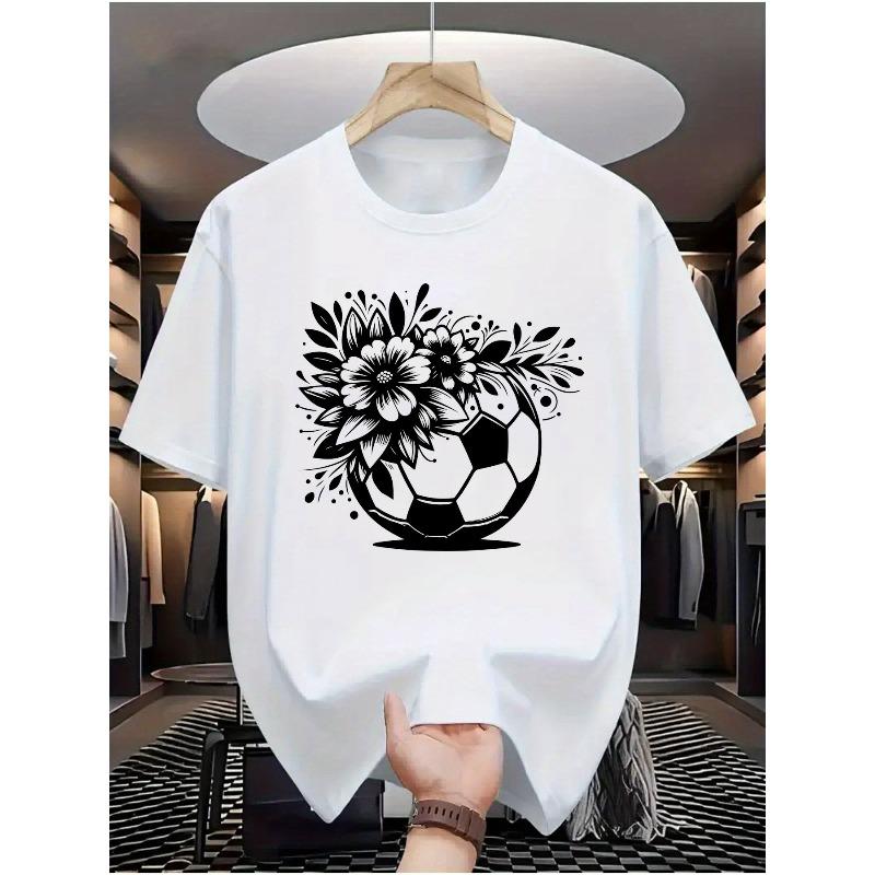 Men s Football Floral Print Short-Sleeve T-Shirt - Suitable for Casual & Sportswear, with Football-Themed Lettering, Athletic Shirt for Training S
