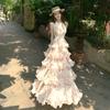 Morning Dew's New Rose Garden French Vacation Style Print Neck Chiffon Cake Long Dress Women's V-neck Dress