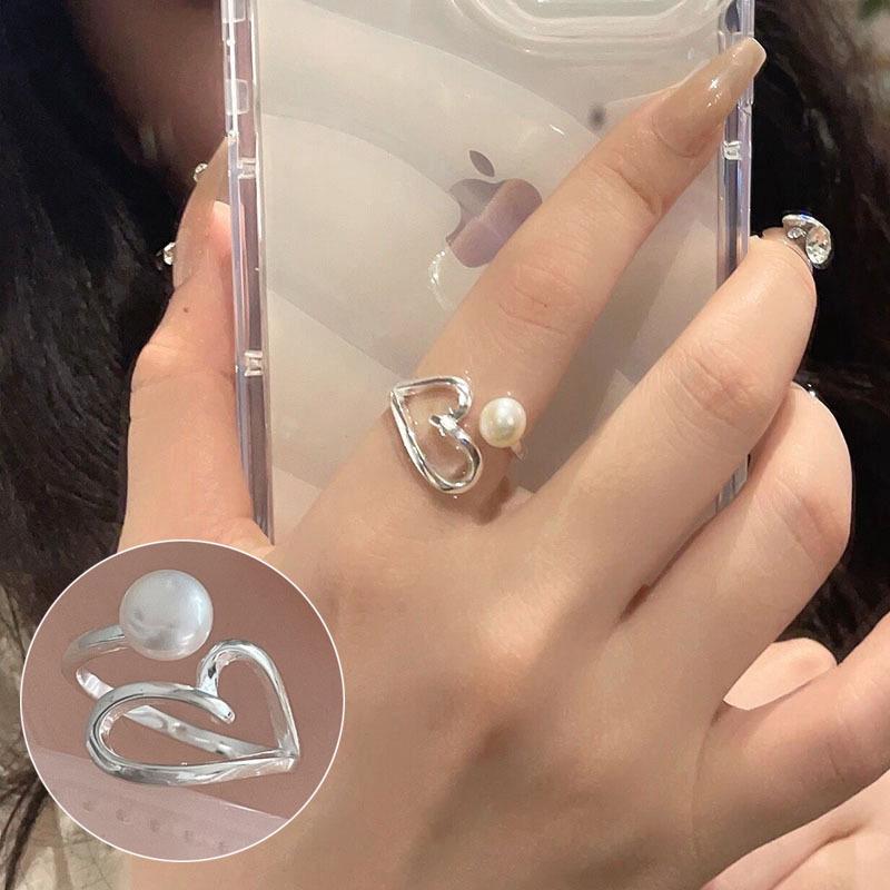 Prsten ve stylu korejském S925 postříbřený s nepravidelným listem - Dámská vintage móda, Jednoduchý zakřivený okraj Srdce Geometrický Otevřený design pro ukazováček.