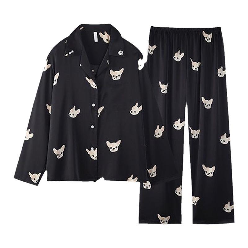 Autumn Women Ice Silk Fashion Printing  Pajama Lapel Button Cardigan Outfits for Women 2 Piece Set  Set Clothes for Women