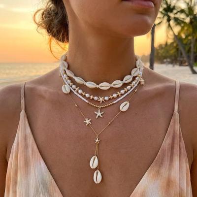 Bohemian Shell Starfish Layered Y-shaped Necklace Set for Women Trendy Imitation Pearl Choker Chain Beach Party Jewelry Gift