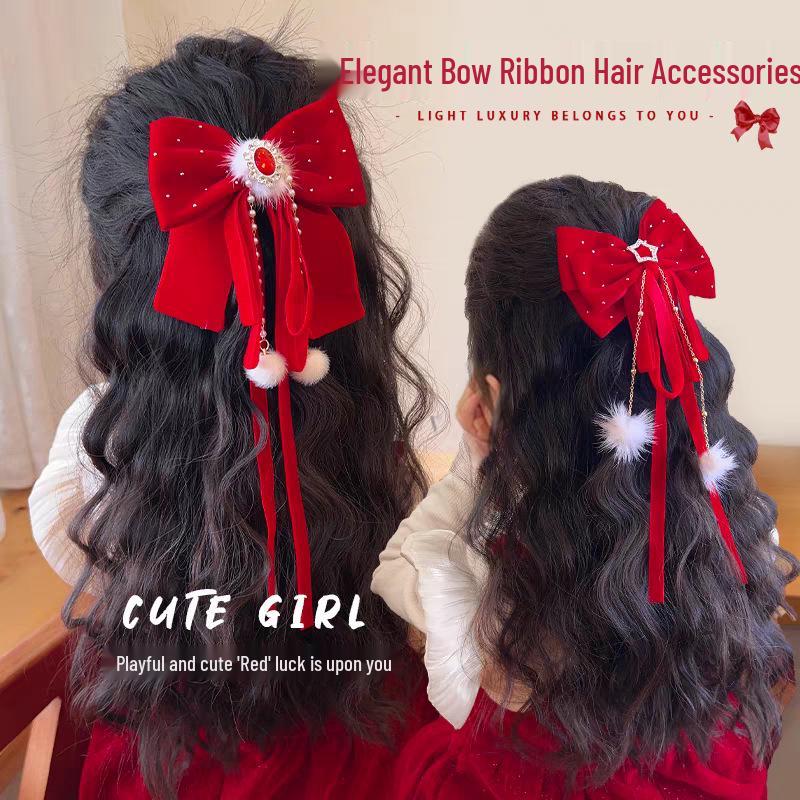 Girls' Chinese Style Red Bow Crown Hair Clip - New Year Headwear