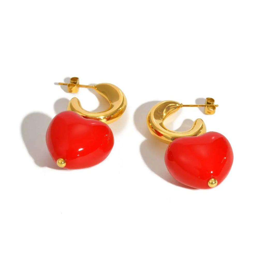 Fashion C-shaped Red Heart Earrings for Women,Gold Plated Stainless Steel Earrings,Classic Geometric Jewelry Gifts