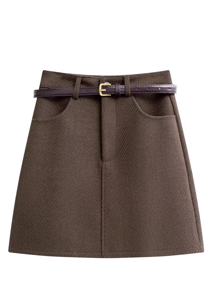 

High-Waisted Retro Woolen A-Line Skirt for Petite Women - Autumn/Winter Trendy Half-Skirt with Anti-Exposure Design XXL