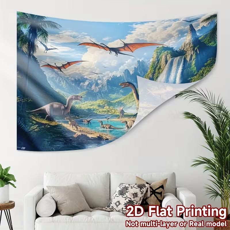 Realistic Dinosaur Tapestry, 150x100cm Prehistoric Waterfall & Mountain Wall Decor for Boys Room & Birthday Party