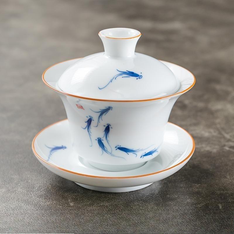 150ml Ceramic Hand-painted Tea Cup Non Hot White Porcelain Sancai Tea Bowl Underglaze Color Covered Bowl Drinking Utensils