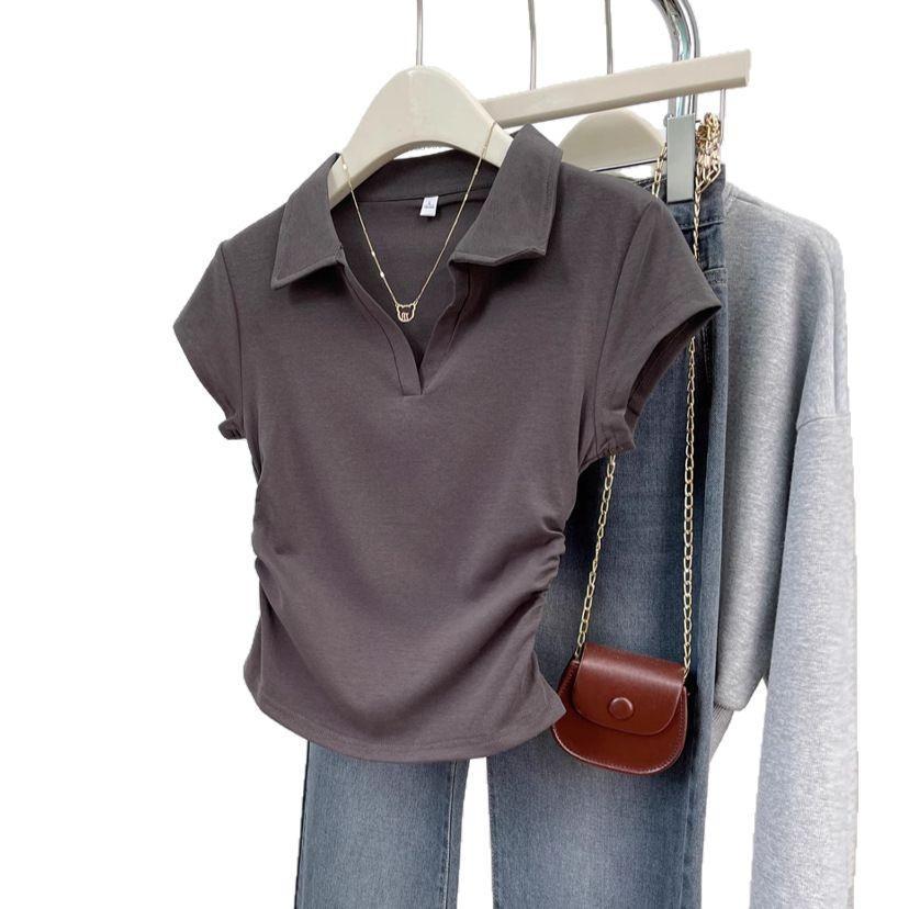 Ins Pure Desire Polo Collar Spice Girl Short Pleated Short-sleeved T-shirt Women's Summer Slim and Thin Short-sleeved Top Women's Wholesale