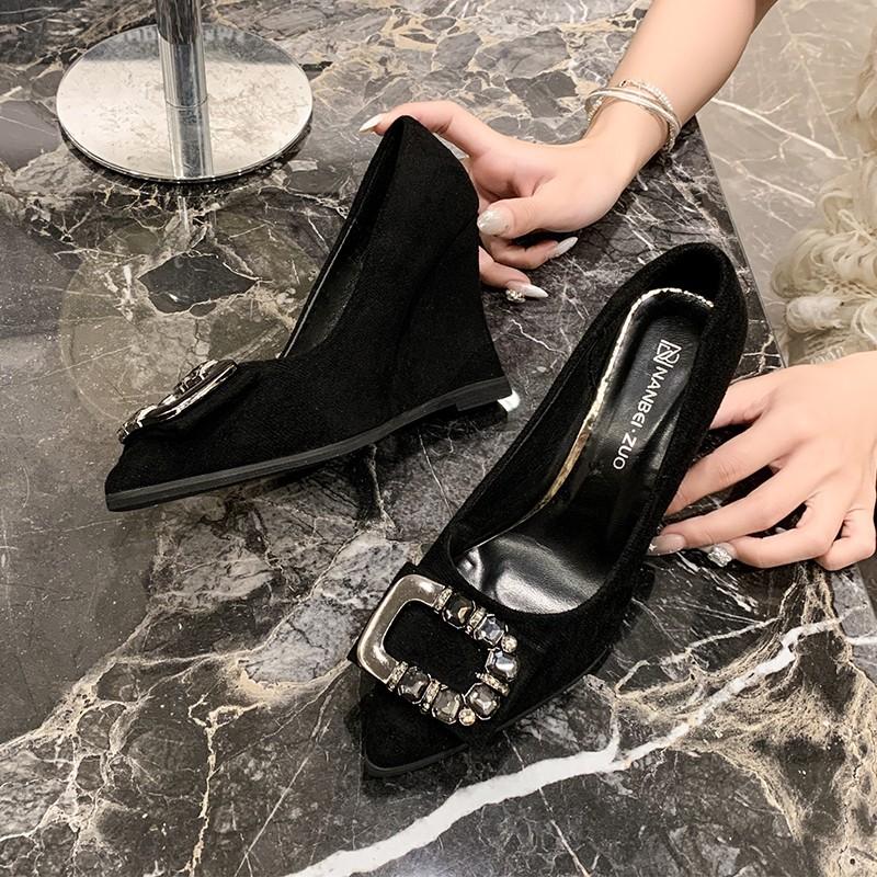 Fashion 35-43 Fashion Wedges Shoes Women Black Sexy High Heels Pointed Toe Square Buckle Rhinestone Career Work Shoes Tacones Mujer