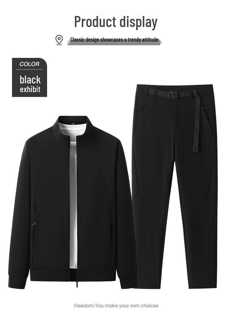 Men's Lightweight Waterproof Sports Suit: Stand Collar Softshell Jacket & Casual Trousers Set for Spring & Autumn.