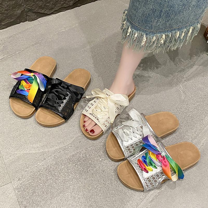 Women Slippers Summer New Fashion Colorful Lace-up Flat Bottom Sandals Woman Versatile Slip-On Flip Flops Casual Beach Shoes