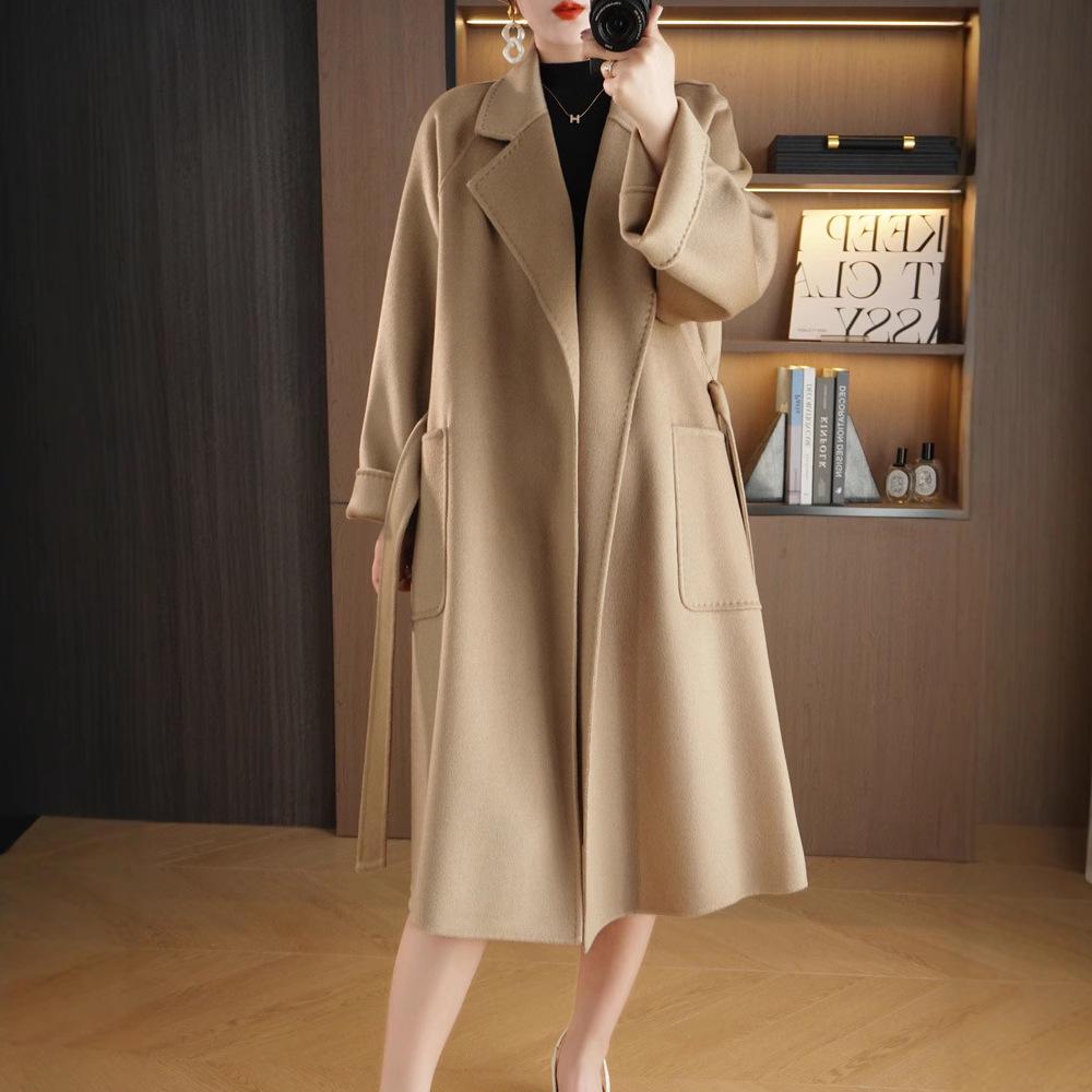 Women's Extra Long Double-Sided 100% Wool Coat with Belt for Autumn and Winter