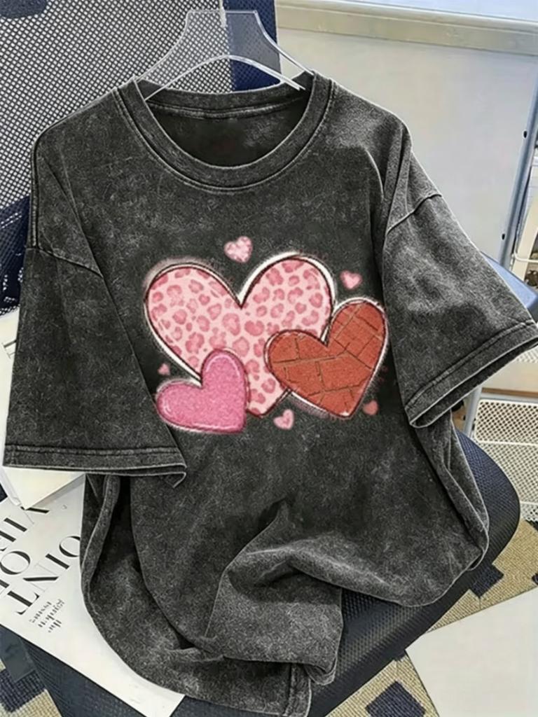 Pattern Patchwork Love Heart Graphic TShirt Unisex Vintage Washed Crew Neck Loose Casual Short Sleeve Daily Street Style Top