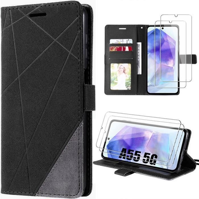 Coque de protection - BOOLING - pour Samsung Galaxy A55 5G - Cuir PU Noir - 2 Verres Trempés - Multi-positions