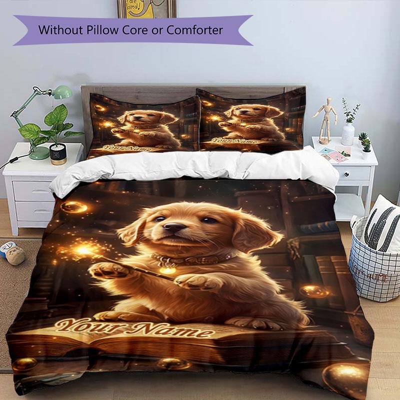 3PC Custom Name Magical Puppy Adventure Bedding Set Duvet Cover Closure Includes 1 Duvet Cover & 2 Pillowcases for Bedroom