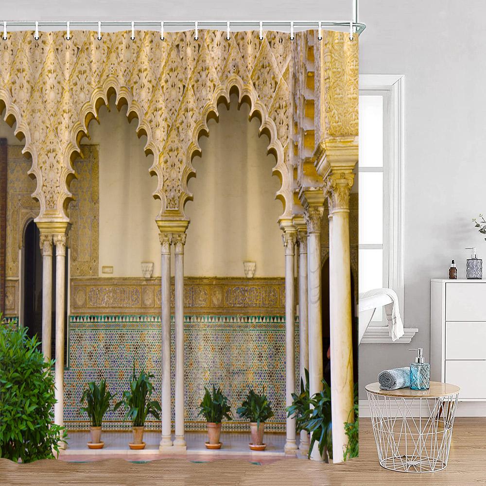 Vintage Moroccan Shower Curtain Ethnic Style Floral Art Retro Architecture Door Bathroom Curtain Polyester Home Decor With Hooks