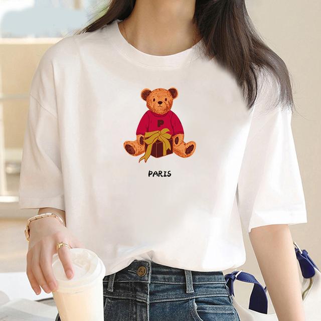 Summer New Cute Bear Short Sleeve Printed Clothing Women T-shirt Harajuku Pattern Fashion Clothing Women Top Off the Boat Unisex