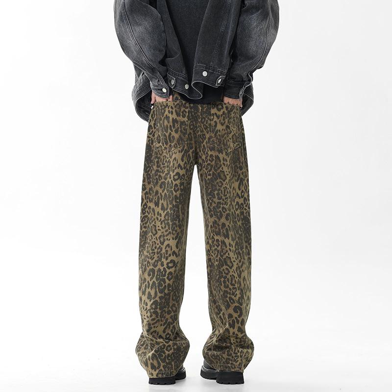 Džíny s maskovacím potiskem leoparda pro muže a ženy, neutrální styl, niche, volné a mírně rozšířené, ležérní kalhoty